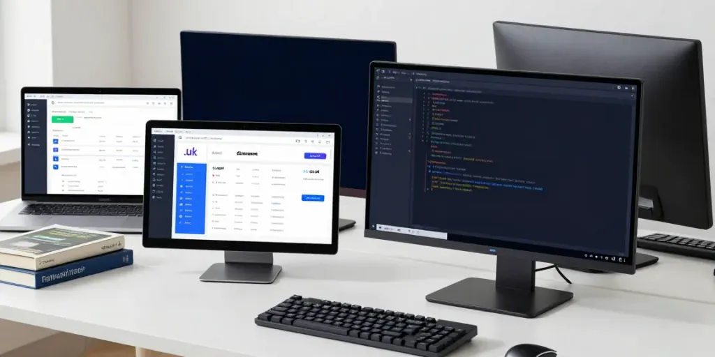 buy .uk domain in a modern tech workspace with coding interfaces, innovative software, and vibrant tools.