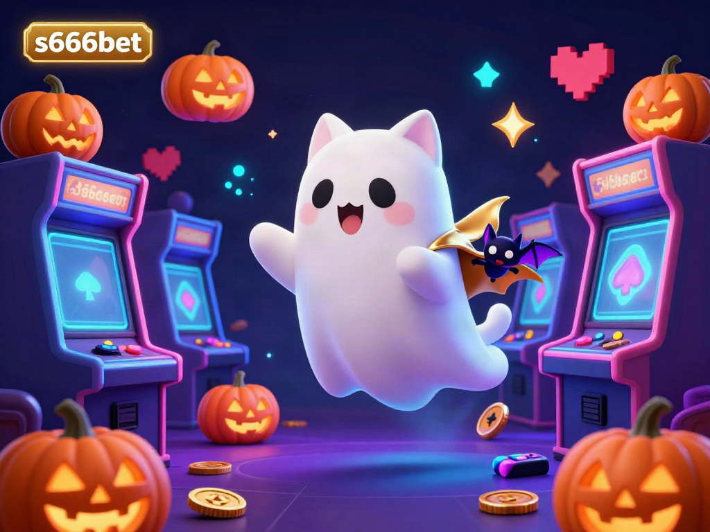 Engage in thrilling adventures at s666bet with a ghost cat and vampire bat in a vibrant casino setting.