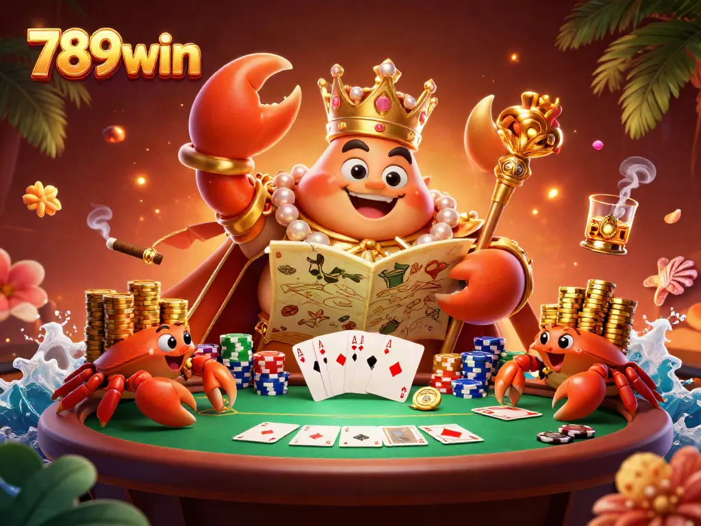 Experience the excitement of 789win with our dynamic casino-themed illustration showcasing a golden crab emperor and poker elements.
