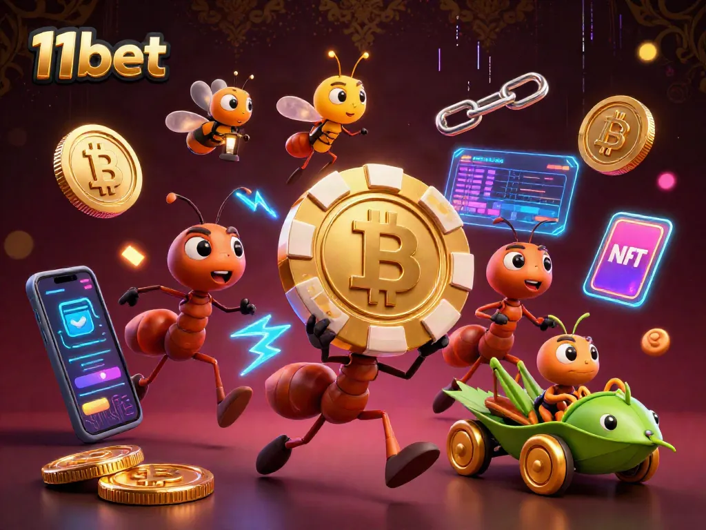 Engage with the thrilling world of 11bet, represented by ants on a heist for a golden chip amidst glowing crypto elements.