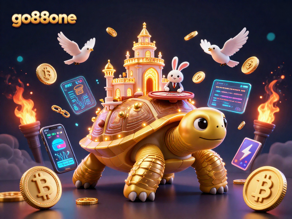 Experience excitement at go88one with a golden tortoise casino, a rabbit dealer, and flying golden coins.