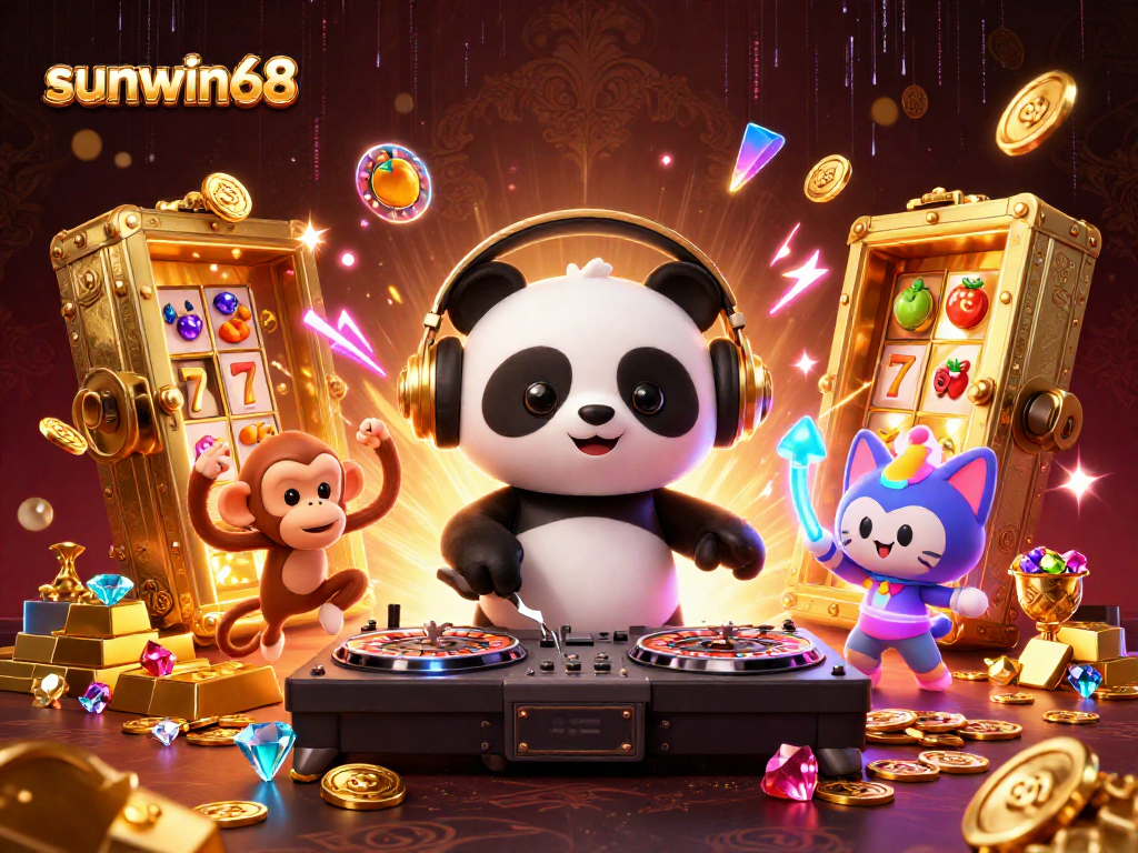 Enjoy thrilling slots action at sunwin68 with a lively DJ panda, dancing monkey, and glowing kitten.