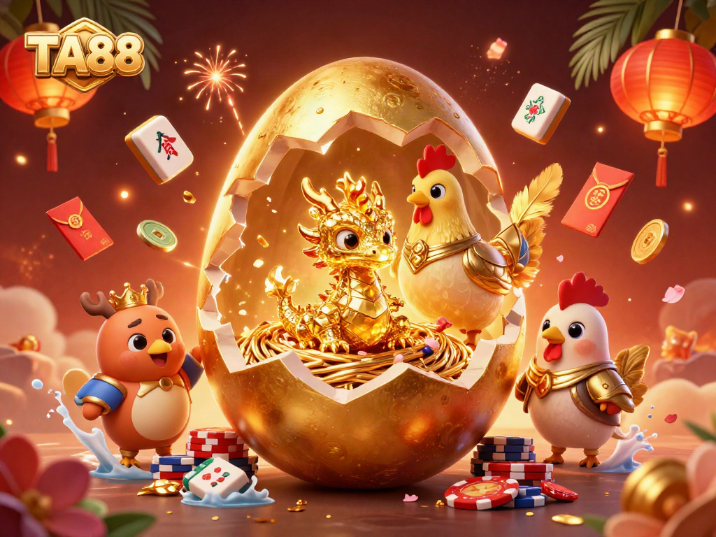 Experience TA88's vibrant casino world with golden dragon treasure and festive game elements.