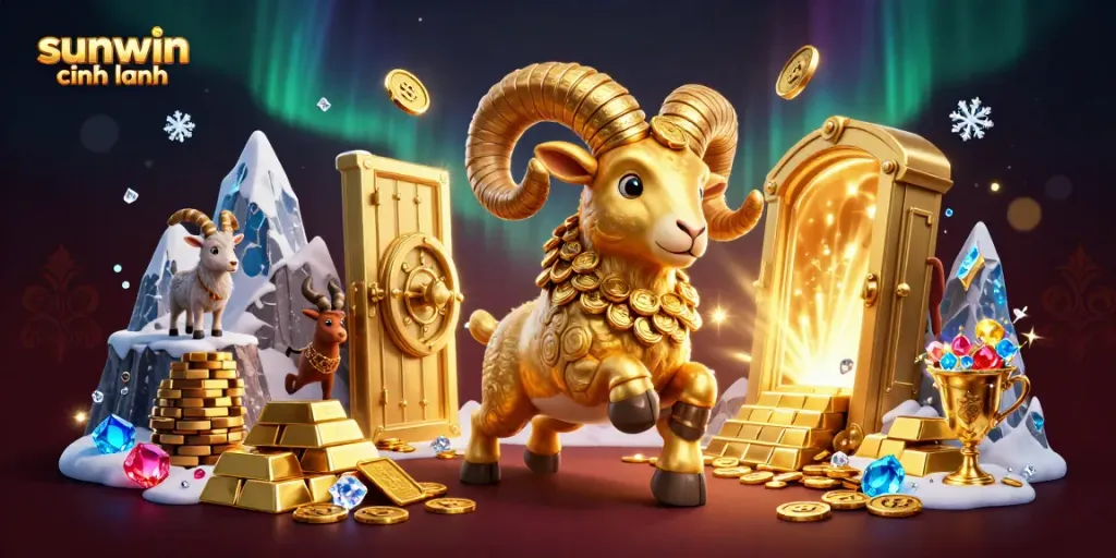 Experience thrilling gameplay with sunwin chính hãng as the golden ram charges towards fortune, surrounded by riches.