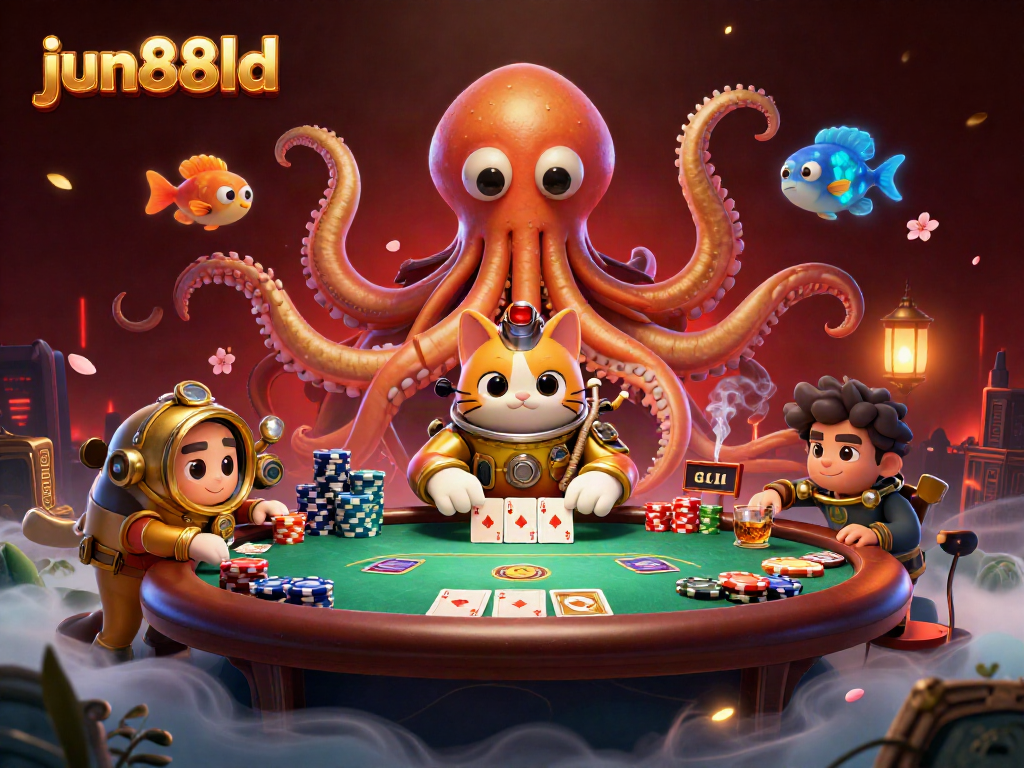 Experience thrilling gameplay with jun88ld as a kraken emerges amidst poker chips and cards.
