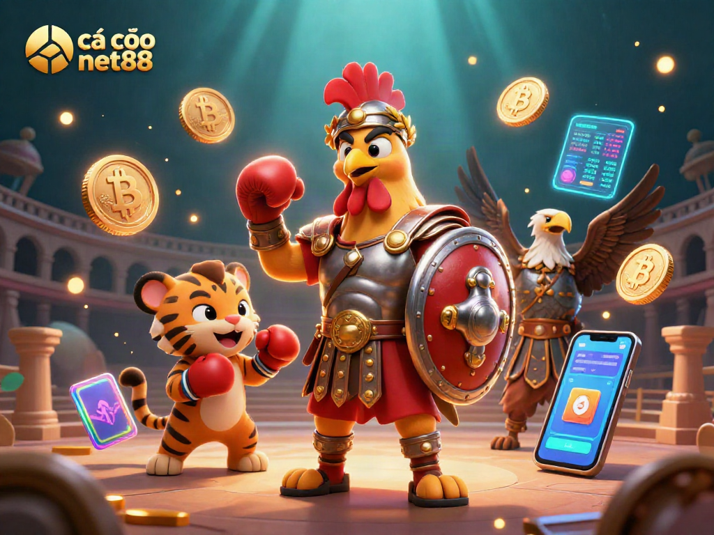 Engage in cá cược net88 with a thrilling scene of a gladiator rooster and tiger cub, showcasing exciting casino elements.