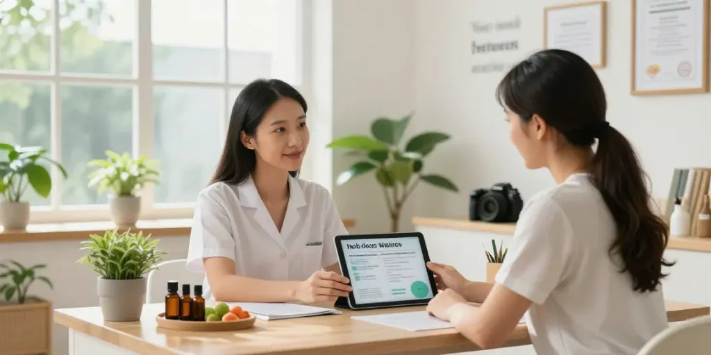 Naturopath London consultation featuring a health practitioner and client discussing a wellness plan in a bright, inviting clinic.