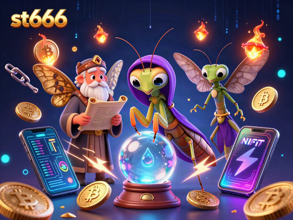 Experience thrilling gameplay at st666 with a vibrant 3D illustration of characters surrounded by crypto elements.