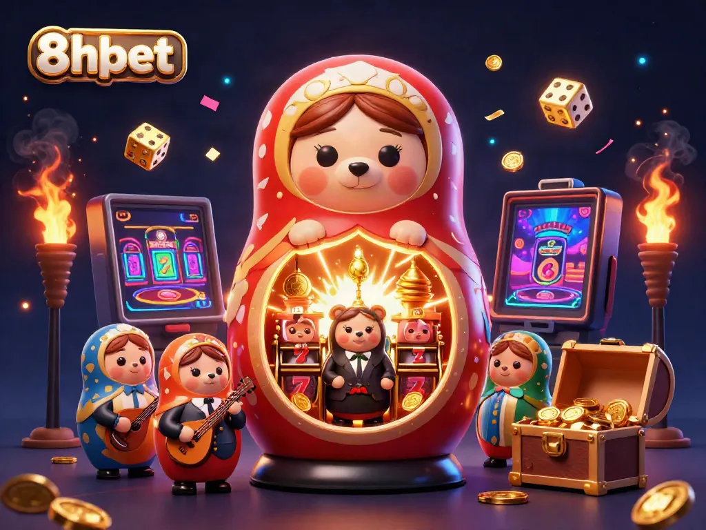 Experience the excitement of winning with 8xbet/ in a vibrant online casino setting featuring colorful slot machines and friendly bears.