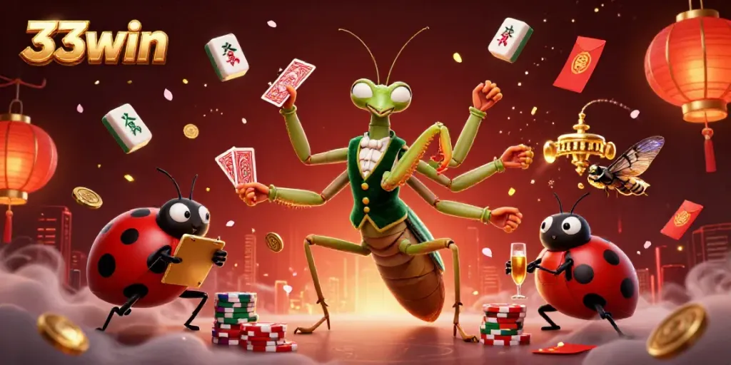 Experience the thrill of betting with the 33win casino's vibrant 3D characters and games in this lively digital illustration.
