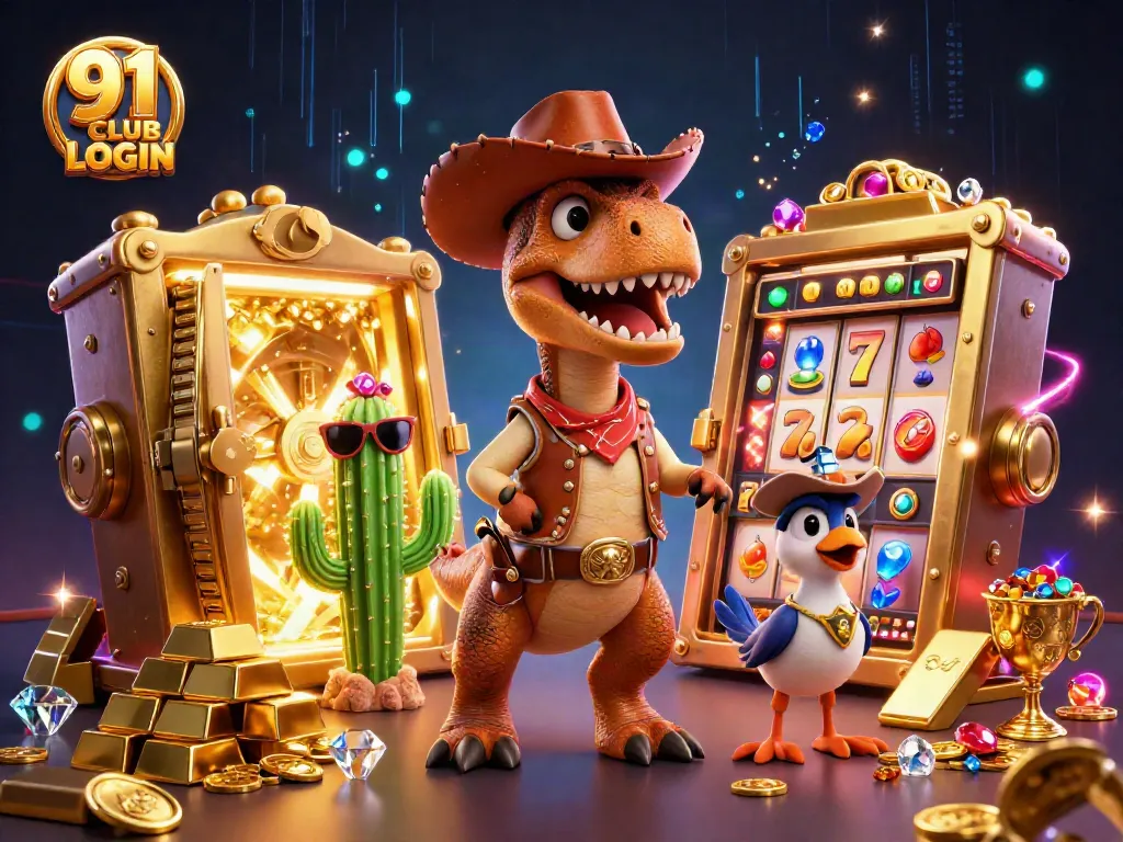 Engage with the 91 CLUB LOGIN, featuring vibrant 3D characters and dazzling casino elements.