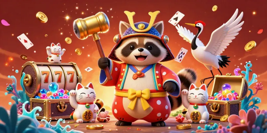 Experience winning at HITCLUB with a vibrant casino scene featuring a lucky tanuki, games, and colorful fortune cats.