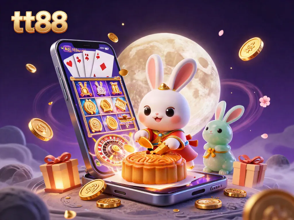 Experience winning moments at tt88 with a captivating lunar casino scene featuring the moon rabbit and golden rewards.