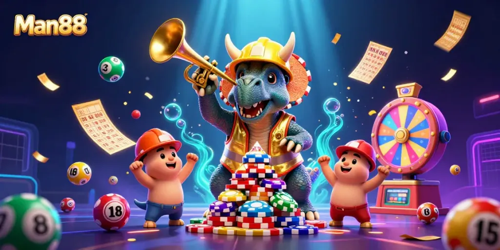 Engage with Man88 in a vibrant 3D casino scene filled with dynamic lottery and poker elements.
