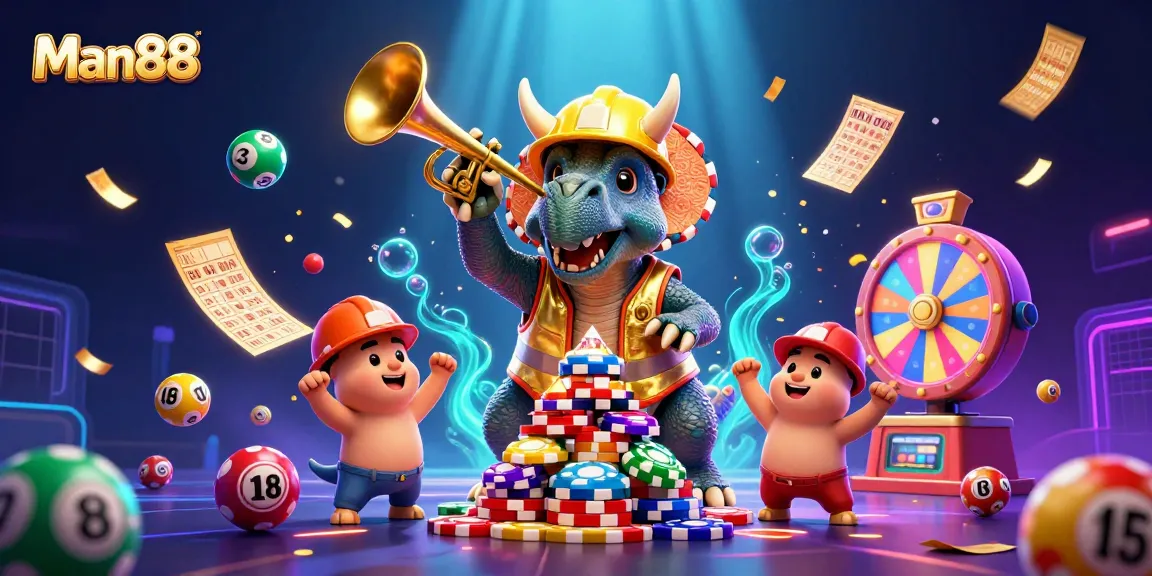 Engage with Man88 in a vibrant 3D casino scene filled with dynamic lottery and poker elements.