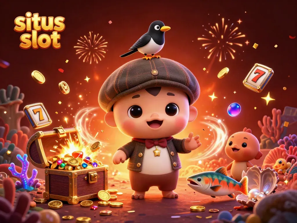 Engage with situs slot for big wins in vibrant 3D illustration featuring a cartoon baby Nessie and playful elements.