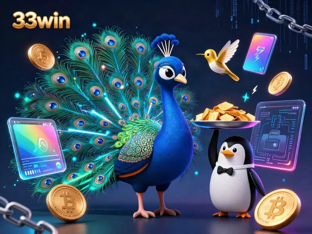 Engage with 33win's dazzling casino scene featuring vibrant characters and dynamic crypto elements.