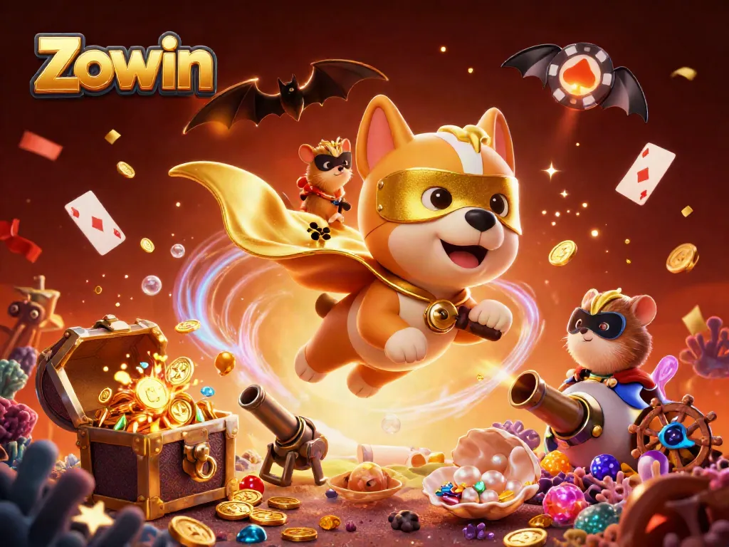 Zowin offers thrilling gaming experiences with vibrant dogs and coins amidst a colorful casino backdrop.