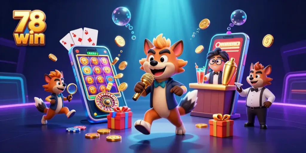 Experience 78 win in a vibrant casino scene with hyenas engaging in games and laughter.