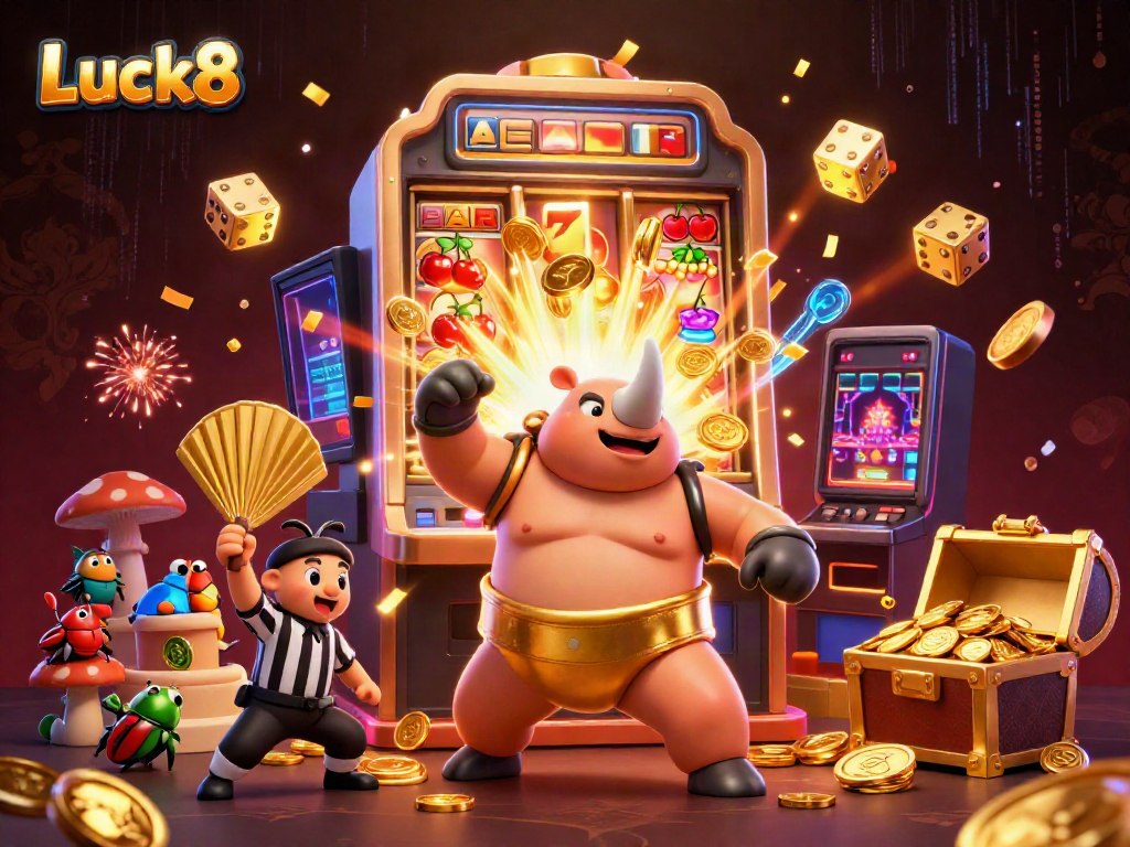 Luck8 slot champion beetle creating a whirlwind of coins in a casino-themed illustration.