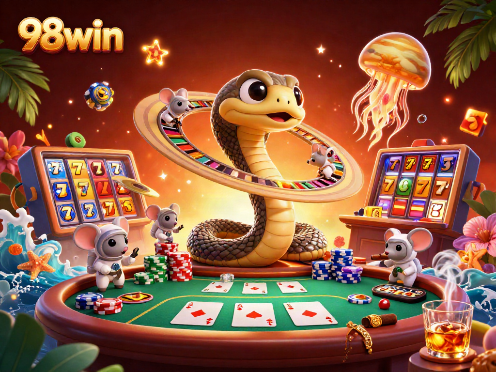 Experience thrilling action with 98win as astronaut mice place bets on cosmic roulette while a jellyfish dealer floats by.