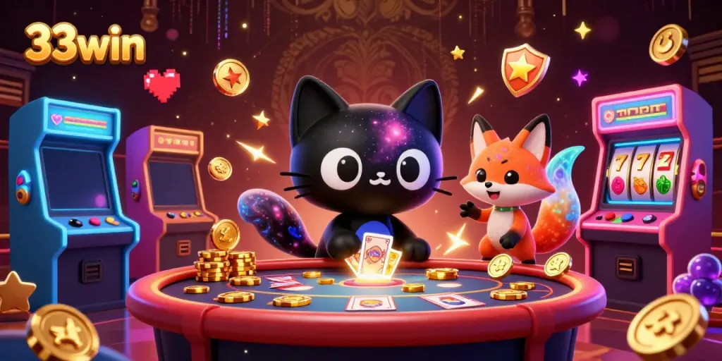 Experience the vibrant gameplay of 33win with a cosmic scene of characters at a casino table.