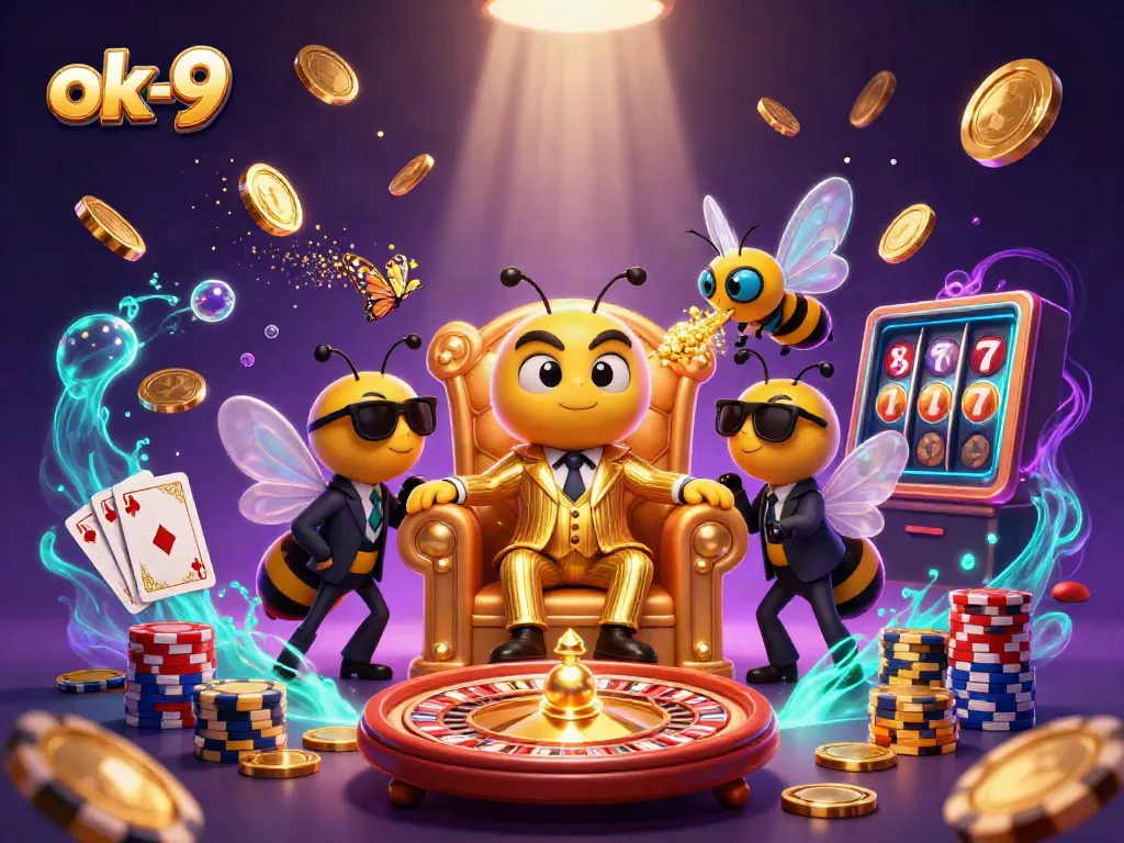 Play slots and win at ok-9 with a vibrant scene of a bumblebee mob boss and dazzling casino elements.