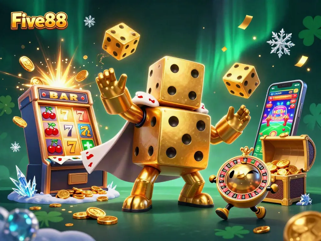 Experience exciting games at Five88 with golden dice characters amid jackpot explosions and festive casino elements.