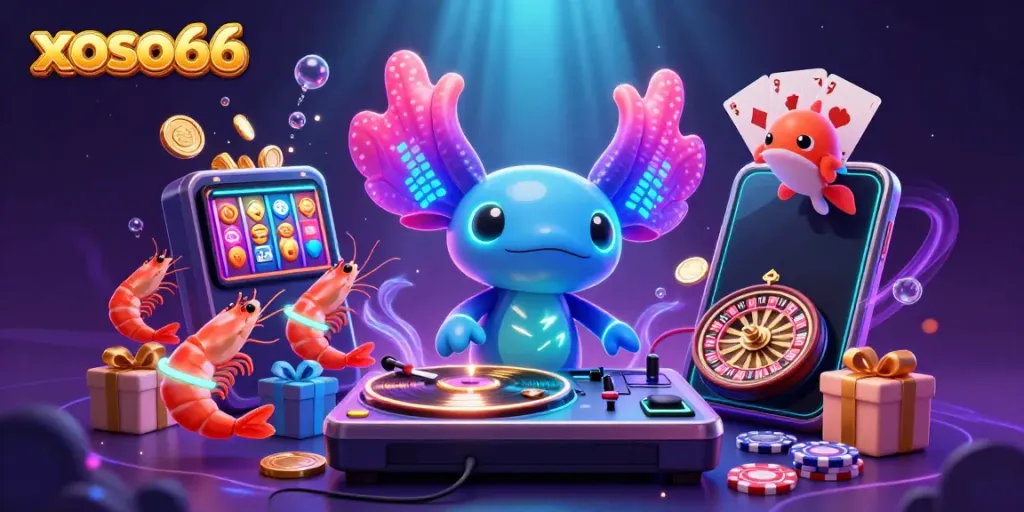 Engage with xoso66's vibrant gaming world featuring an axolotl DJ and lively underwater casino scene.