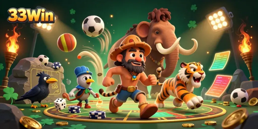 Experience big wins at 33Win in this vibrant 3D cartoon casino scene, with characters and dynamic elements.
