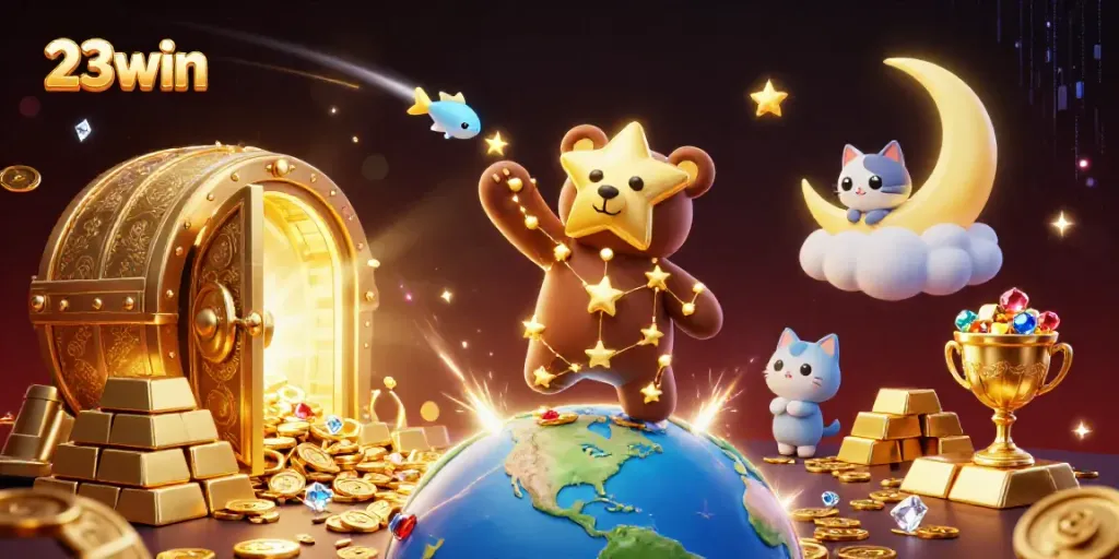 Engage with the spectacular world of 23win as the constellation bear delights in coins, surrounded by dazzling treasures.