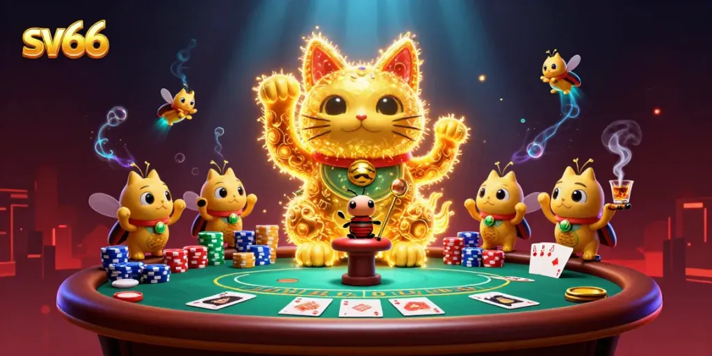 Experience the excitement of sv66 casino games with a playful lucky cat and vibrant poker elements.