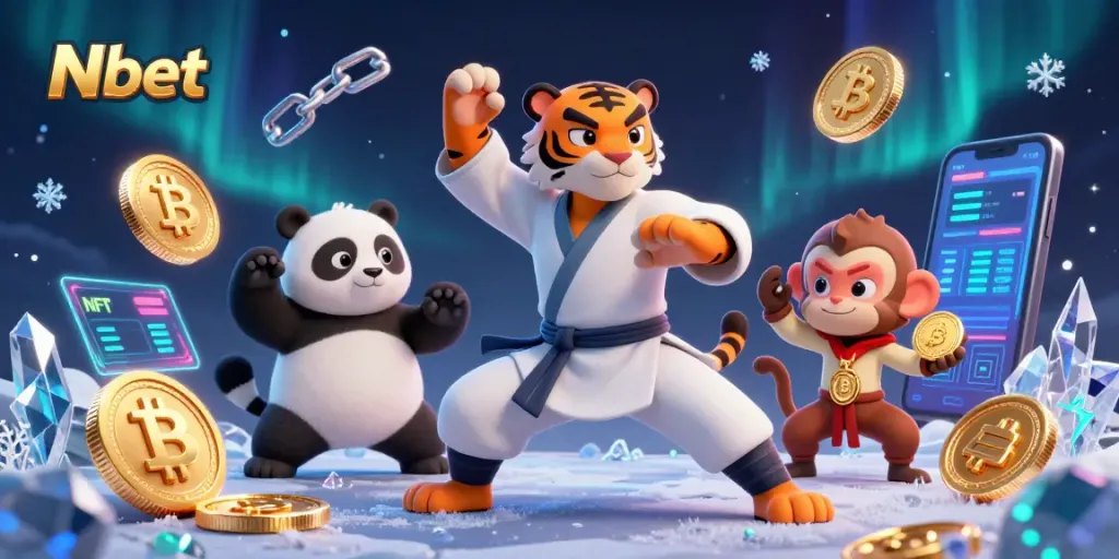 Nbet engages players with a cartoon kung fu tiger and panda in a vibrant casino illustration surrounded by crypto coins.