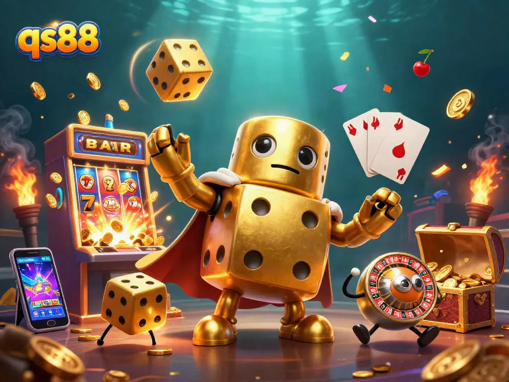 Experience excitement at qs88 with a dynamic casino illustration showcasing golden dice and jackpot symbols.