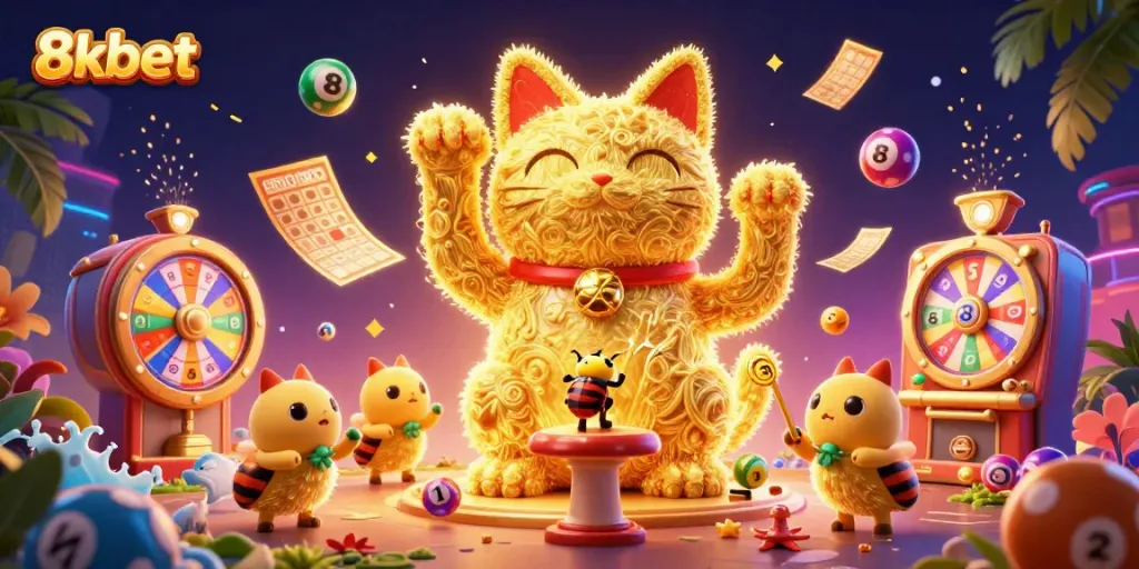 Experience the lucky charm of 8xbet illustrated in a vibrant casino-themed scene with dynamic lottery elements.