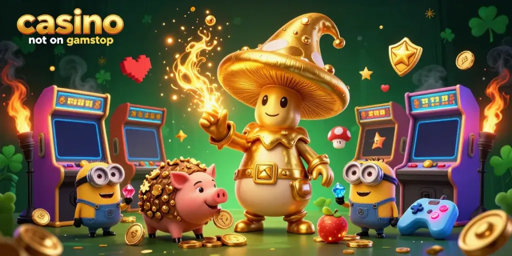 Engage with the immersive scene of a golden mushroom wizard transforming gems in a casino not on gamstop.