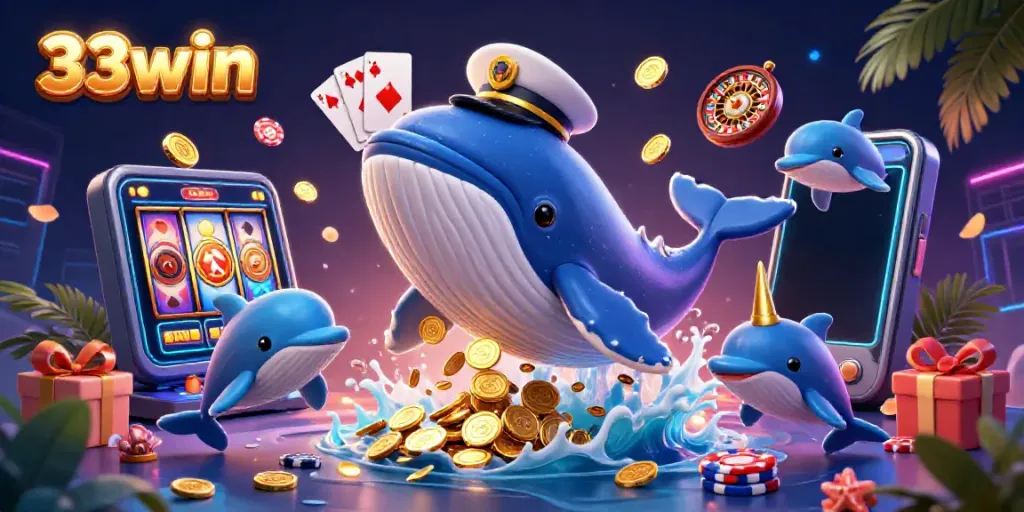 Experience exciting gameplay with 33win as a whimsical whale and friends celebrate with coins and poker chips.