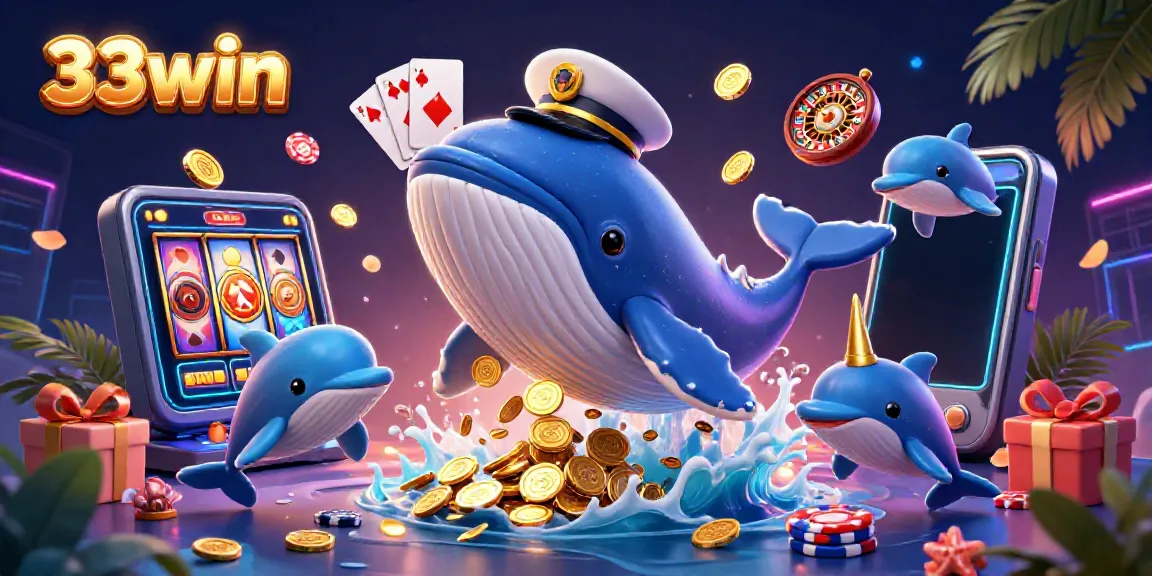 Experience exciting gameplay with 33win as a whimsical whale and friends celebrate with coins and poker chips.