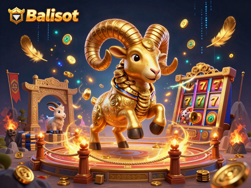 Engage with Balislot thrills through a vibrant 3D casino illustration showcasing a charging golden ram amidst a lively gambling arena.