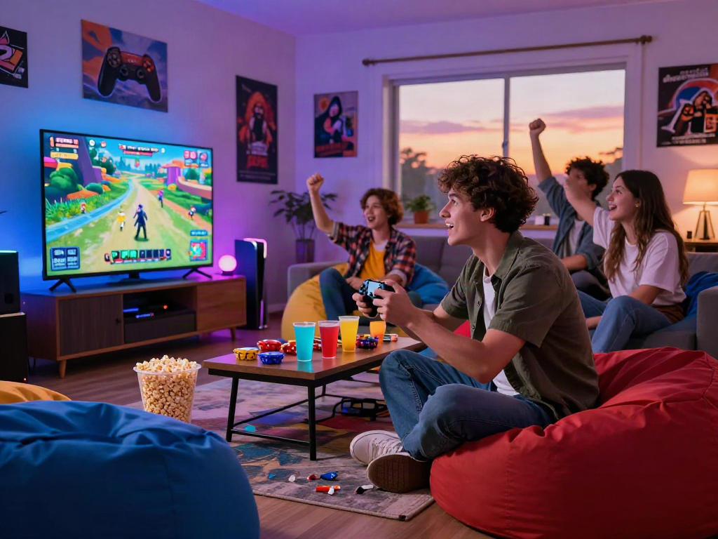 Exciting multiplayer porngame session in a cozy living room with friends having fun.