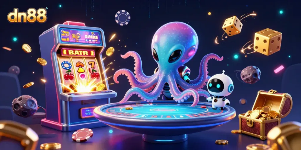 Experience exciting gameplay with dn88 as the alien octopus leads a cosmic casino adventure.