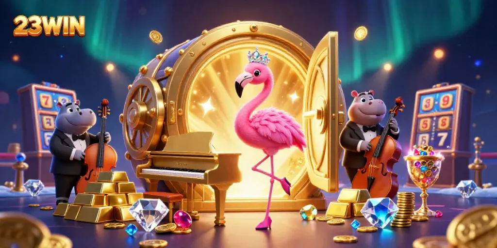 Engaging illustration featuring 23WIN's vibrant casino scene with fluttering slot reels, gems, and lively characters.