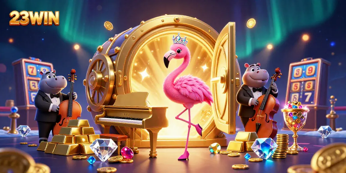 Engaging illustration featuring 23WIN's vibrant casino scene with fluttering slot reels, gems, and lively characters.