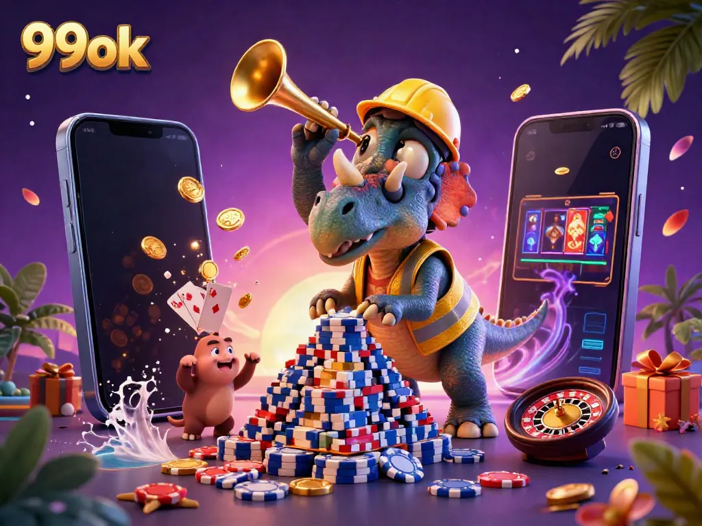 Experience thrill at 99ok with a lively 3D illustration of casino elements in action.
