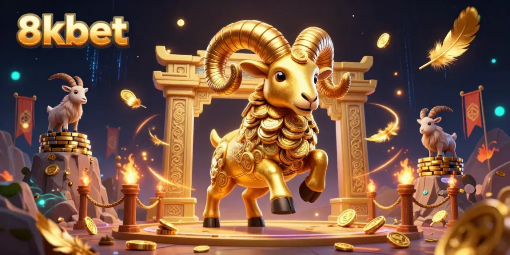 Experience thrilling betting excitement with 8kbet's dynamic gaming scene featuring a golden ram and colorful casino elements.