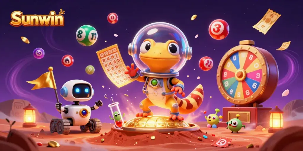 Sunwin players explore a buried golden casino with vibrant lottery elements in a thrilling Martian atmosphere.