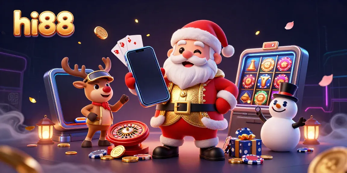 Experience winning excitement at hi88 with Santa Claus, his reindeer, and a snowman in a vibrant casino scene.