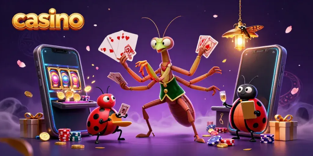 Experience casino excitement with a giant mantis card sharp and ladybug pit boss in a vibrant 3D scene.