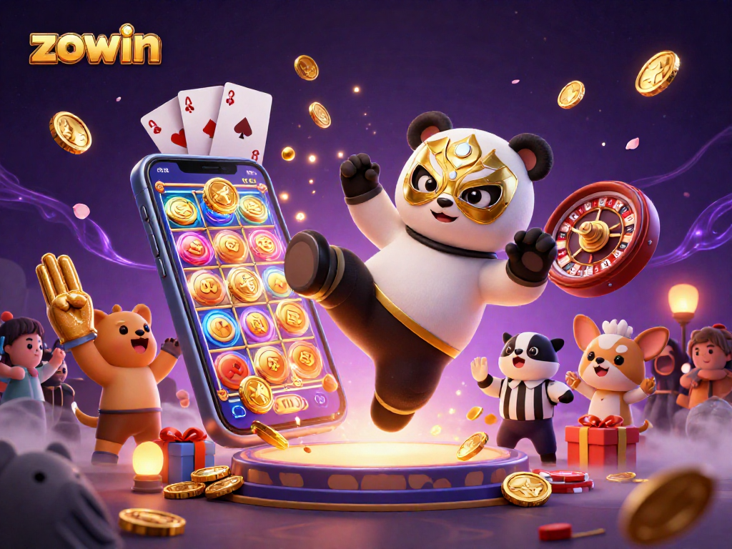 Zowin brings excitement with a dynamic casino scene featuring a panda wrestler and slots.
