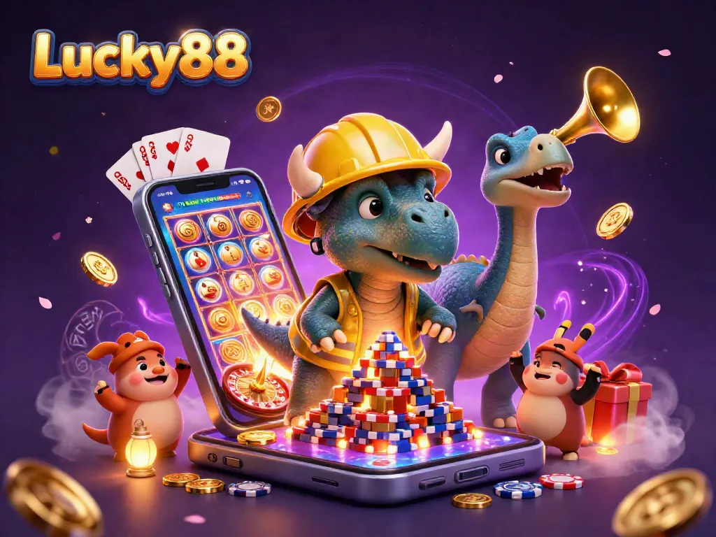 Engage with Lucky88’s dynamic casino scene featuring a triceratops and gaming symbols.